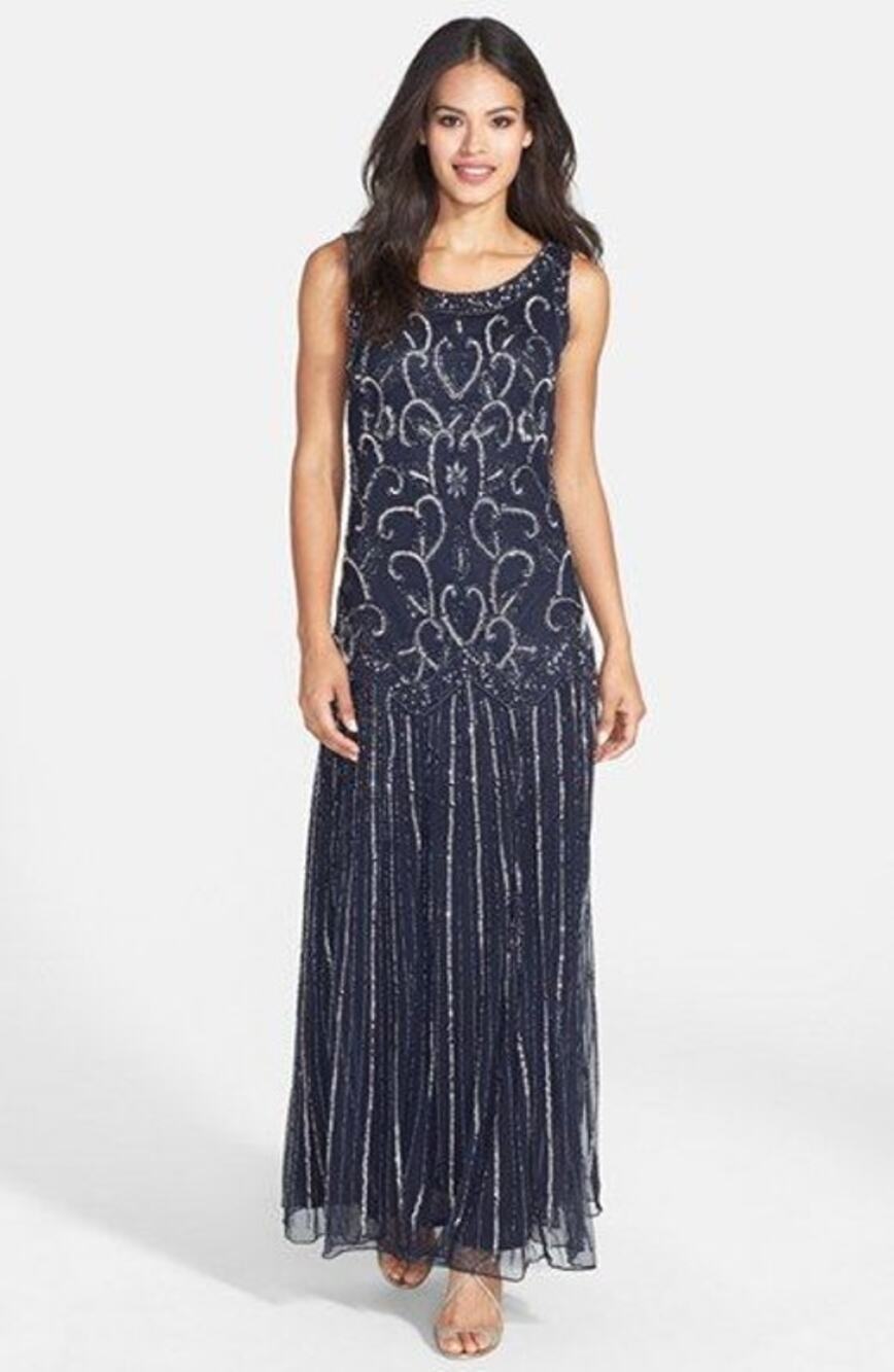 Pisarro Nights Embellished Mesh Drop Waist Maxi Dress Navy Blue Women's Size 10